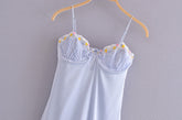 Baby Blue Floral Embroidered Draped Satin Backless Spaghetti Straps Dress Mini